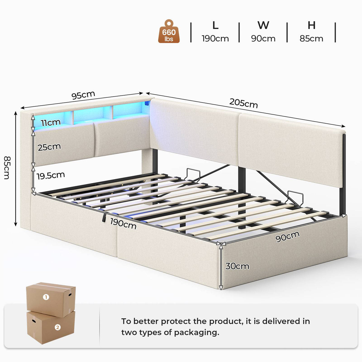 AOGLLATI Bed Frame with Hydraulic Storage Charging Station and LED Lights Reversible Left/Right Hand Assembly