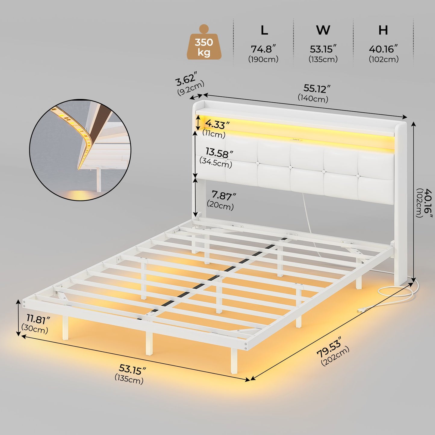 AOGLLATI 4ft6 Floating Double Bed Frame 135×190CM with LED Lights Charging Station with Upholstered Headboard