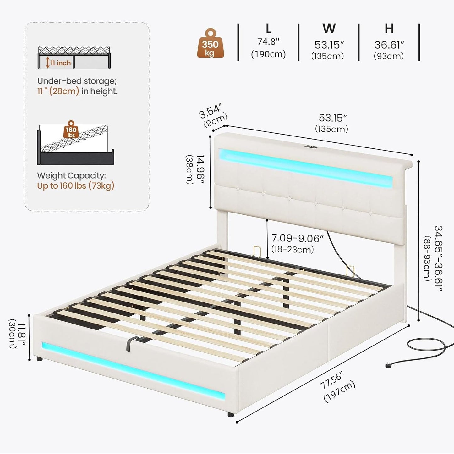 AOGLLATI Double Ottoman Bed Frame 135×190 cm with Charging Station LED Lights with Under-bed Storage and Storage Headboard