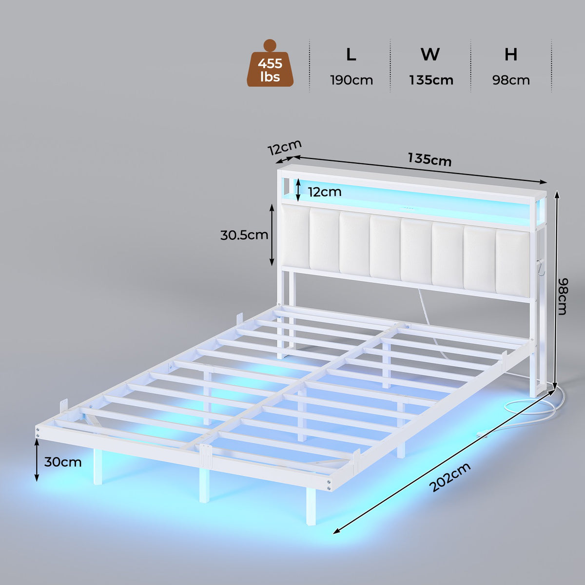 AOGLLATI Double Bed Frame 135x190 cm 4ft6 Floating bed with LED and charging station