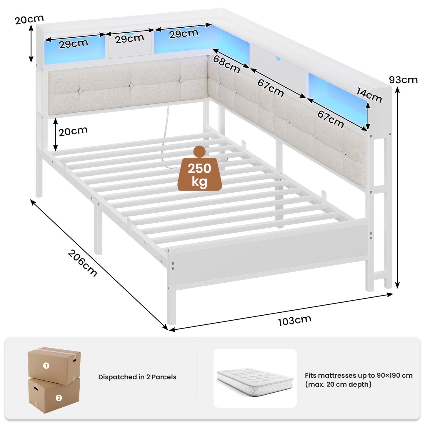 AOGLLATI 3ft Single Bed Frame with Storage Day Bed with Charging Station Corner Bed Frame Sofa Bed Frame with LED Lighting