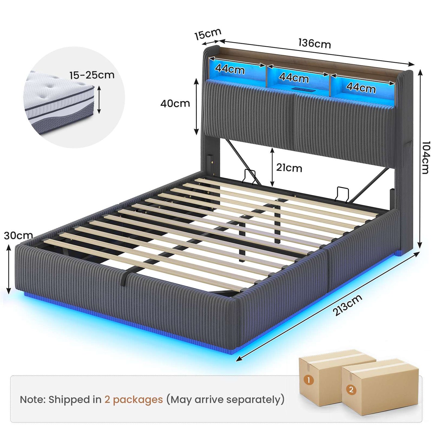 Ottoman Double Bed Frame with 360° LED Lights 4ft6 Upholstered Bed with Built-in Power Strip Corduroy