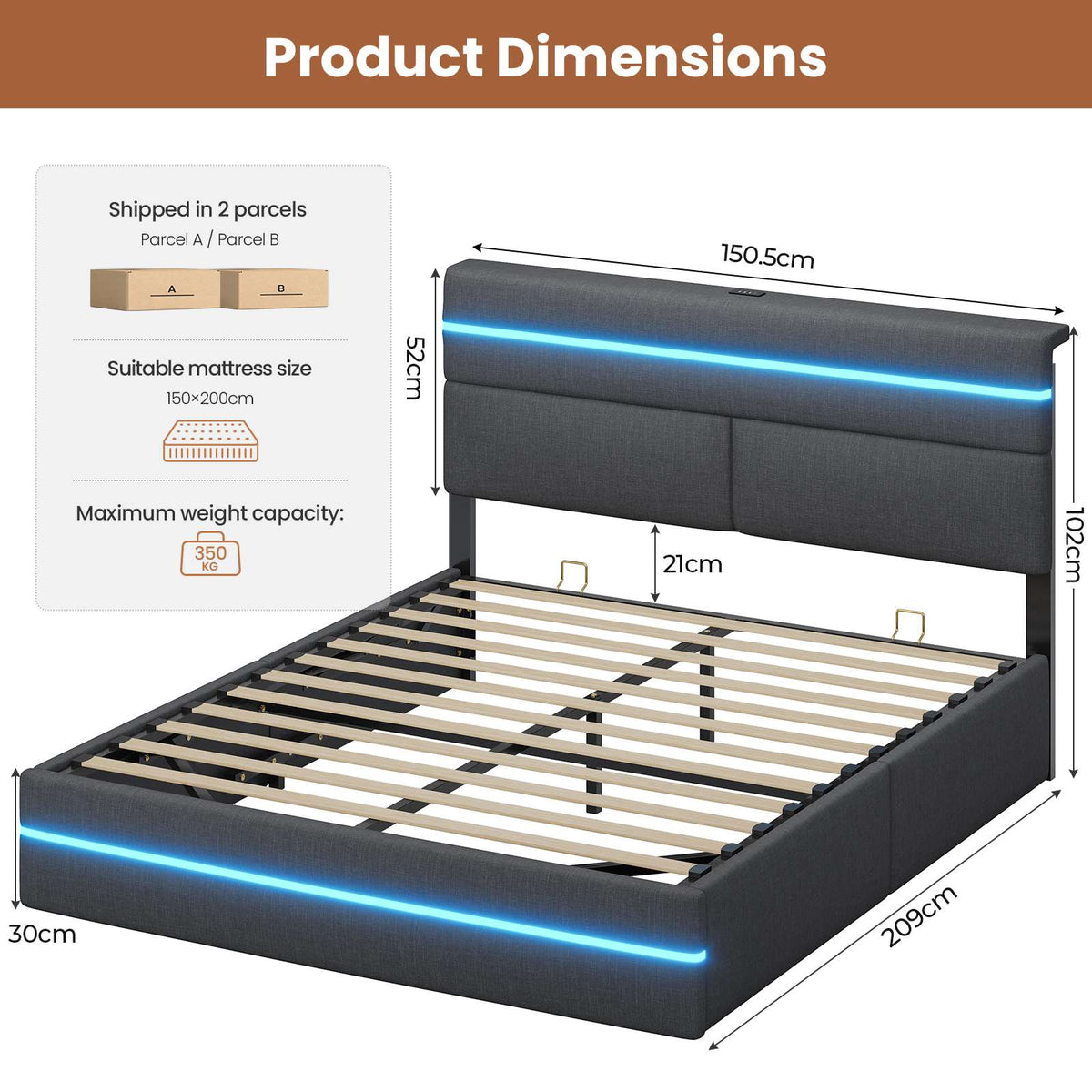 AOGLLATI King Size Ottoman Bed Frame with Storage LED Lights