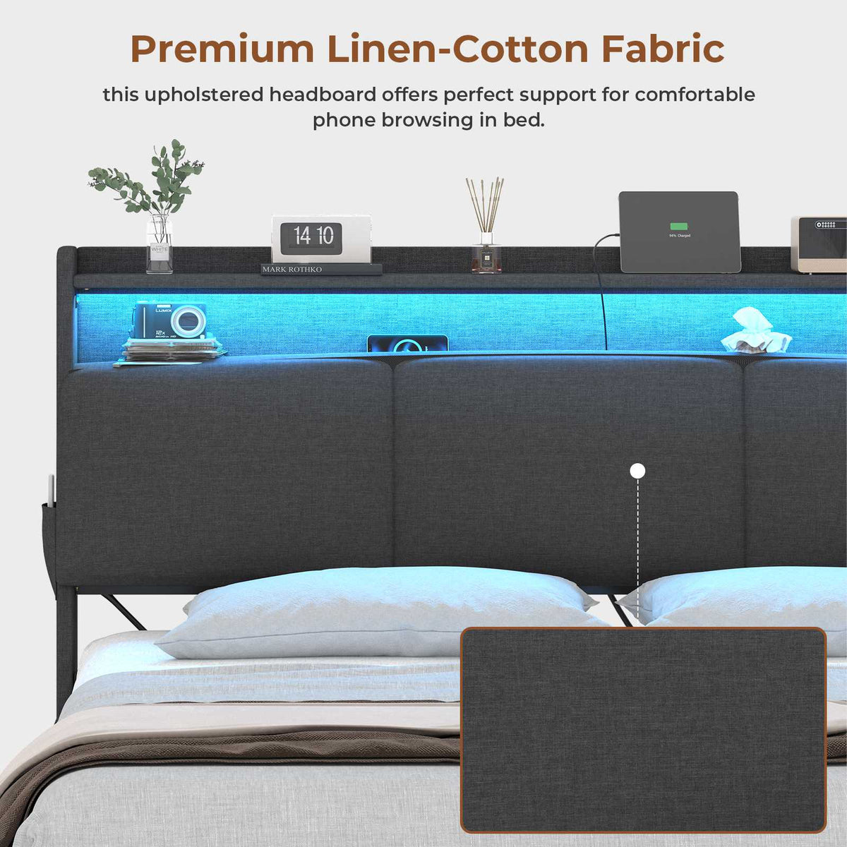 AOGLLATI Ottoman Bed Double 135x190 cm  with hydraulic under-bed storage and charging ports  LED lights and padded storage headboard