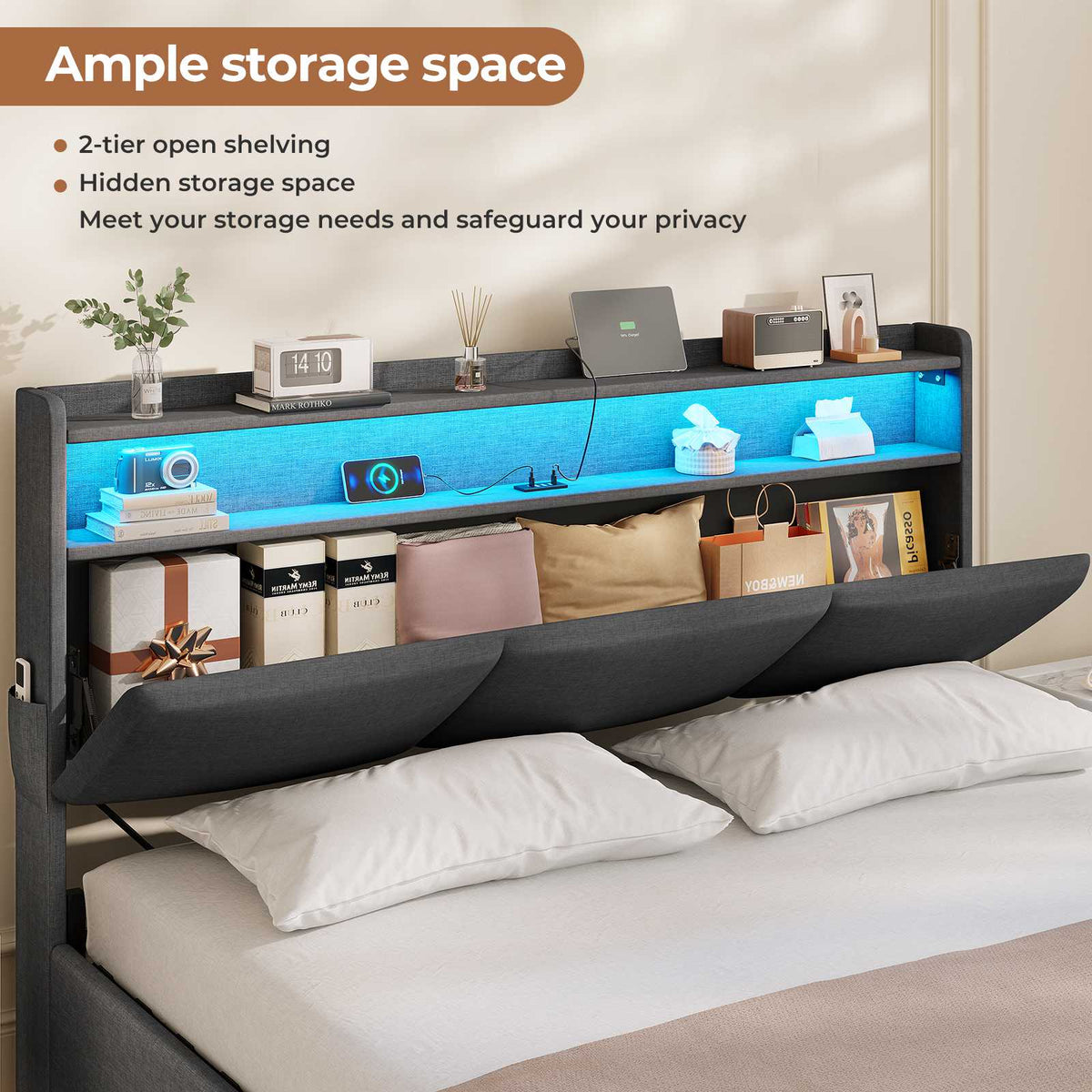 AOGLLATI Ottoman Bed Double 135x190 cm  with hydraulic under-bed storage and charging ports  LED lights and padded storage headboard