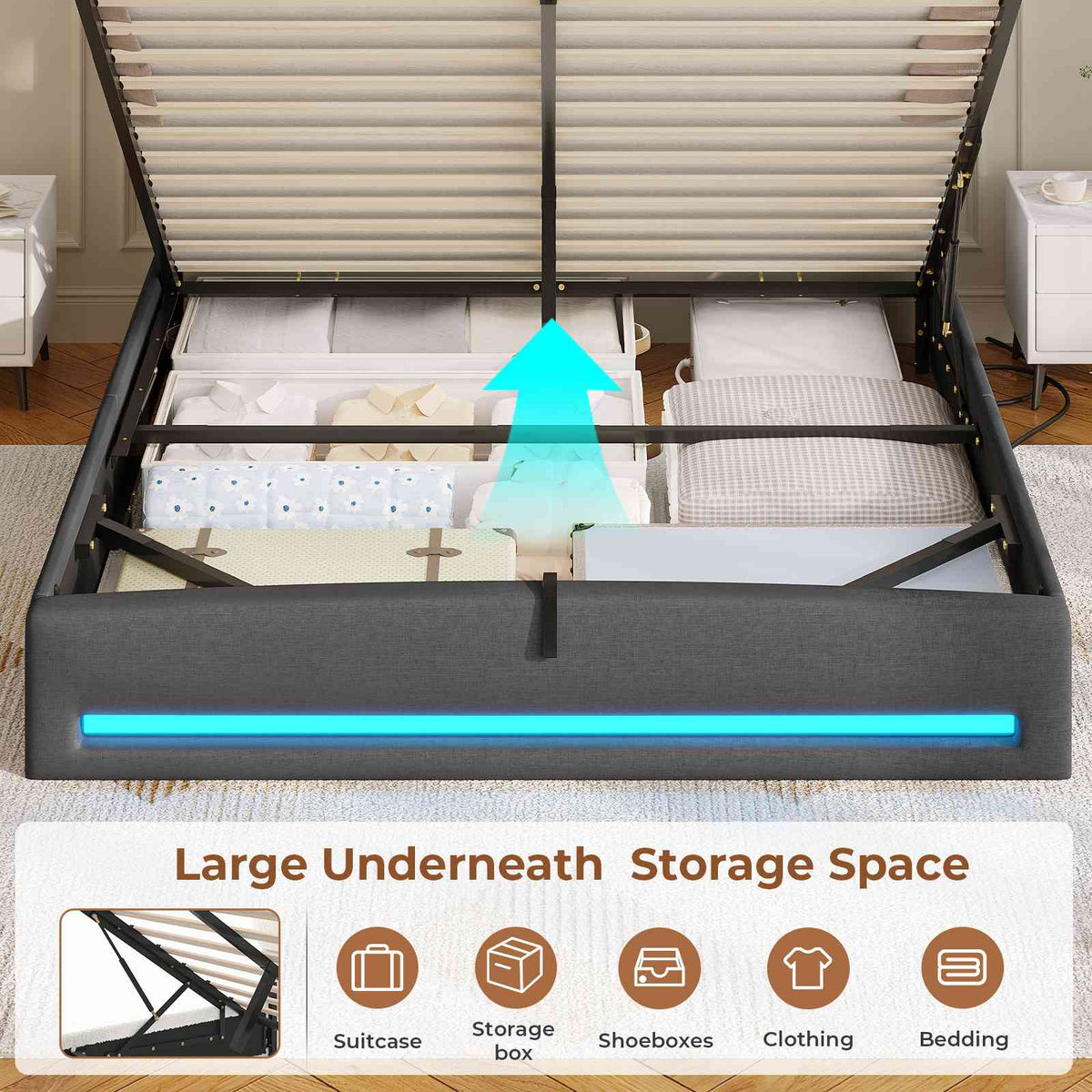 AOGLLATI Ottoman Bed Double 135x190 cm  with hydraulic under-bed storage and charging ports  LED lights and padded storage headboard