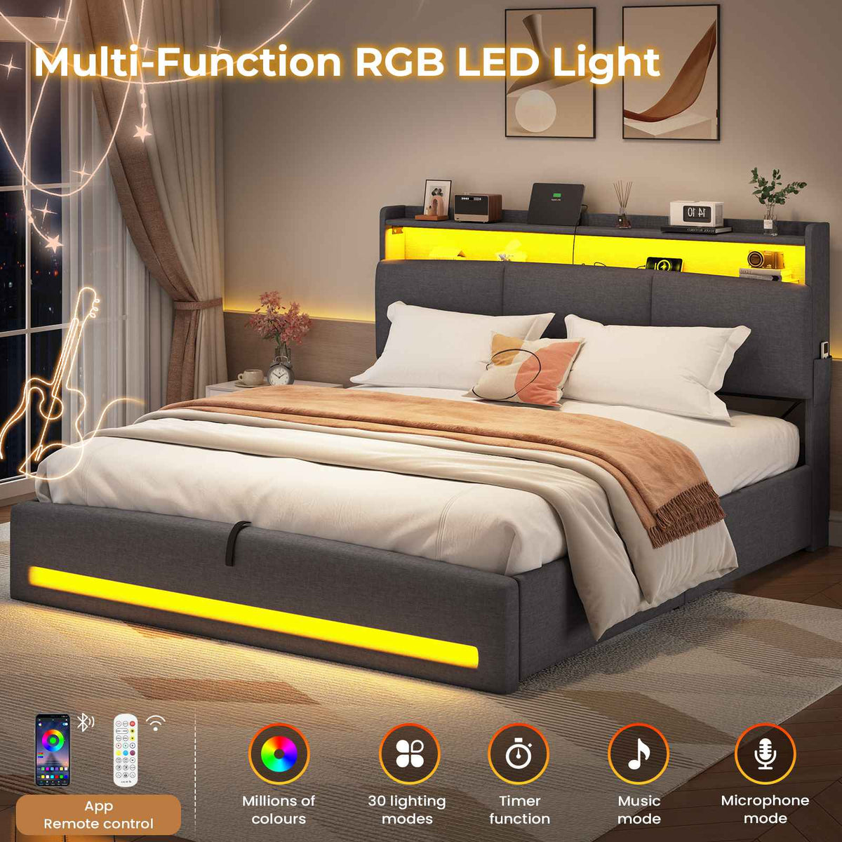 AOGLLATI Ottoman Bed Double 135x190 cm  with hydraulic under-bed storage and charging ports  LED lights and padded storage headboard