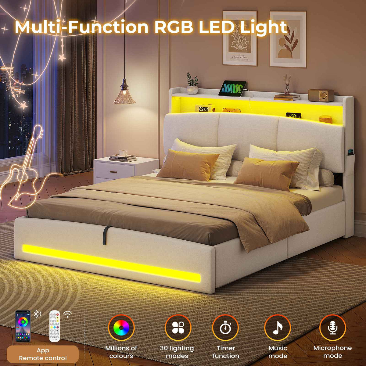 AOGLLATI Ottoman Bed Double 135x190 cm  with hydraulic under-bed storage and charging ports  LED lights and padded storage headboard