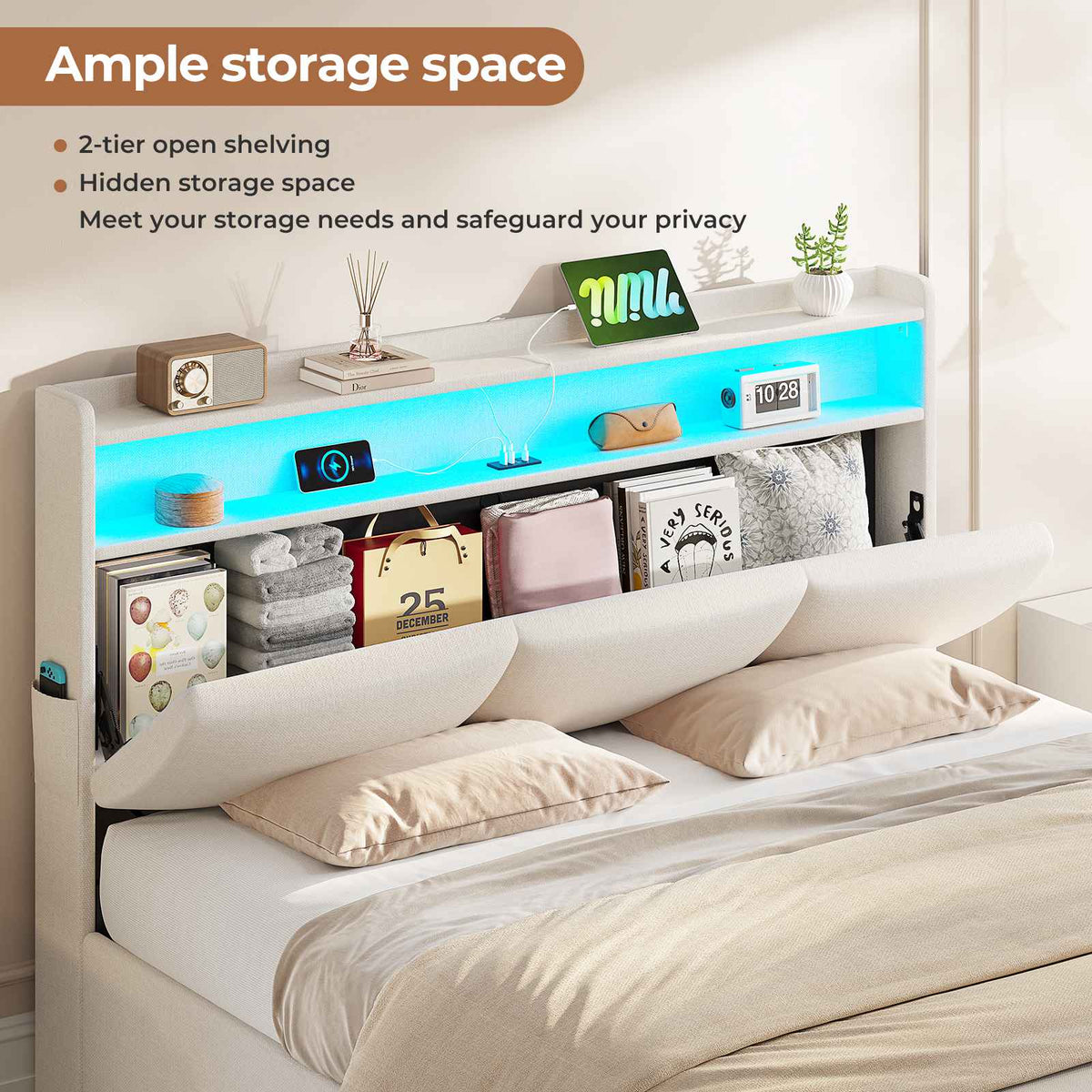 AOGLLATI Ottoman Bed Double 135x190 cm  with hydraulic under-bed storage and charging ports  LED lights and padded storage headboard