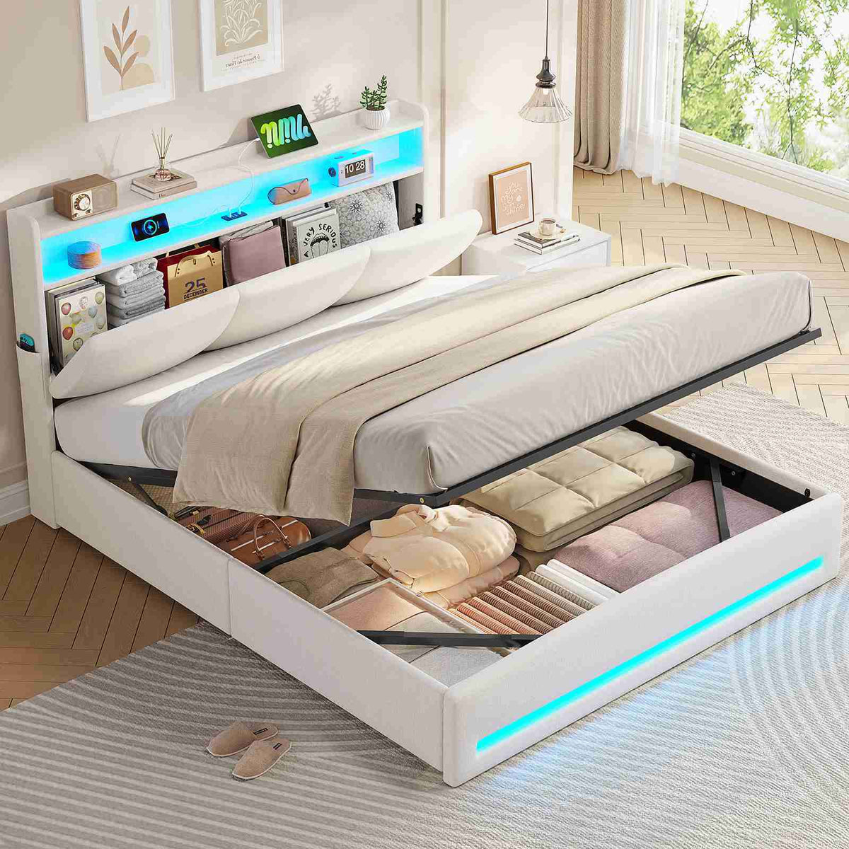 AOGLLATI Ottoman Bed Double 135x190 cm  with hydraulic under-bed storage and charging ports  LED lights and padded storage headboard