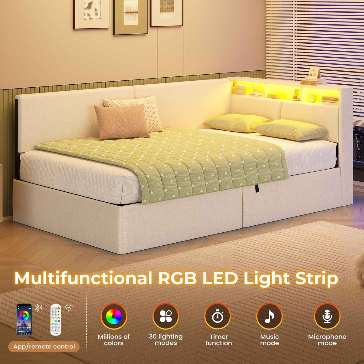 AOGLLATI  Bed Frame with Hydraulic Storage  Charging Station and LED Lights  Reversible Left/Right Hand Assembly
