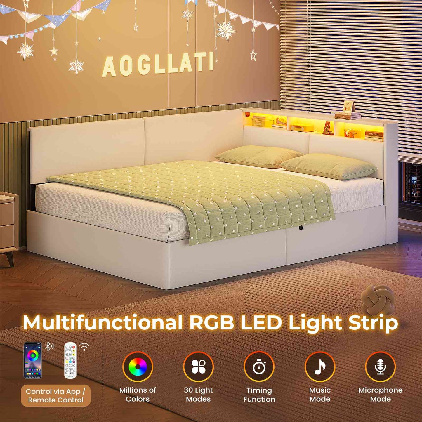 AOGLLATI  Double Ottoman Bed with Charging Station  LED Lights  Double Bed Frame with Hydraulic Lift Mechanism