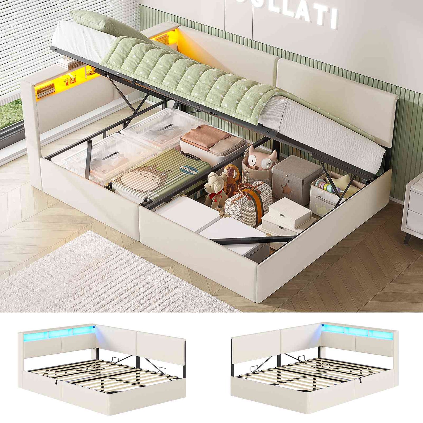 AOGLLATI  Double Ottoman Bed with Charging Station  LED Lights  Double Bed Frame with Hydraulic Lift Mechanism