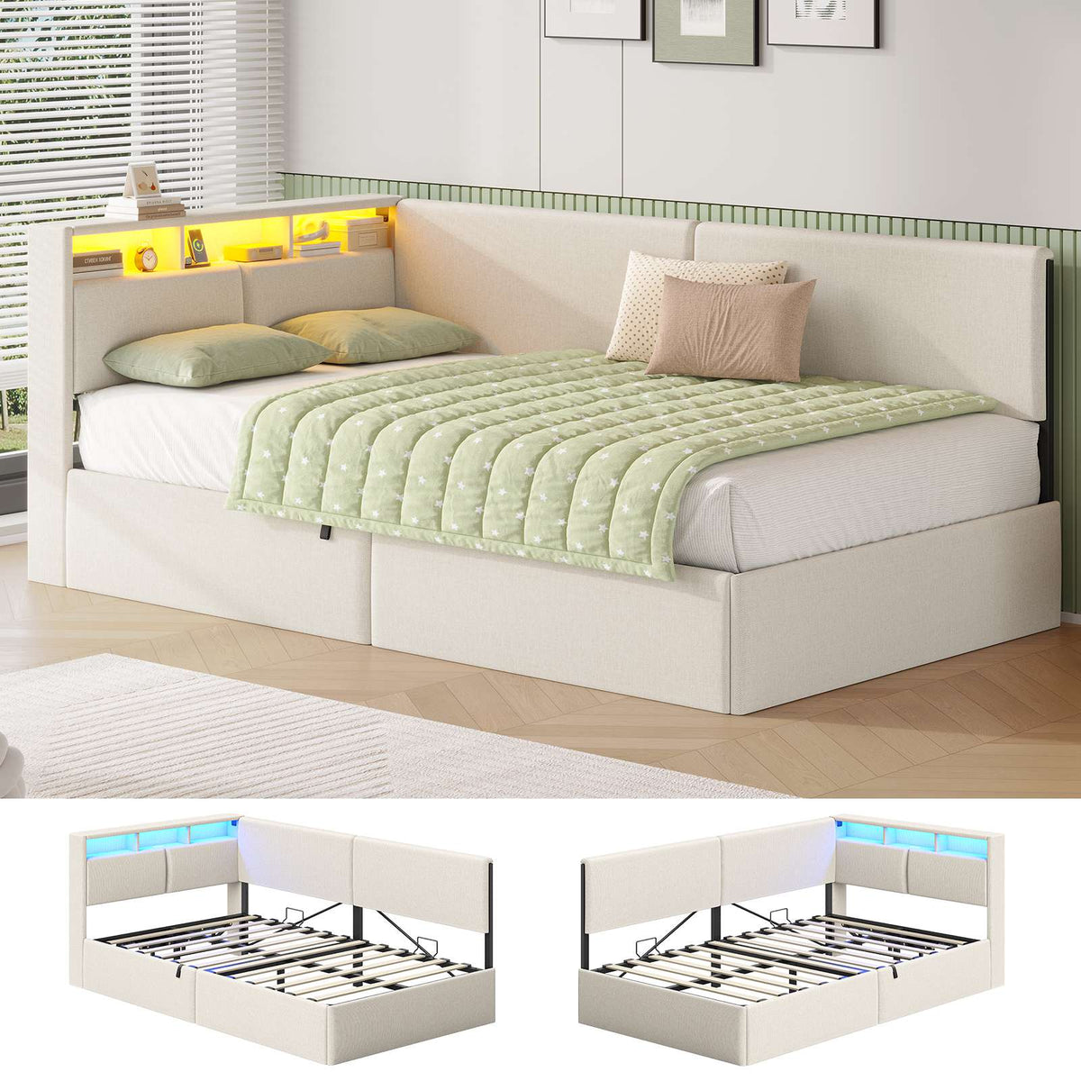 AOGLLATI  Bed Frame with Hydraulic Storage  Charging Station and LED Lights  Reversible Left/Right Hand Assembly