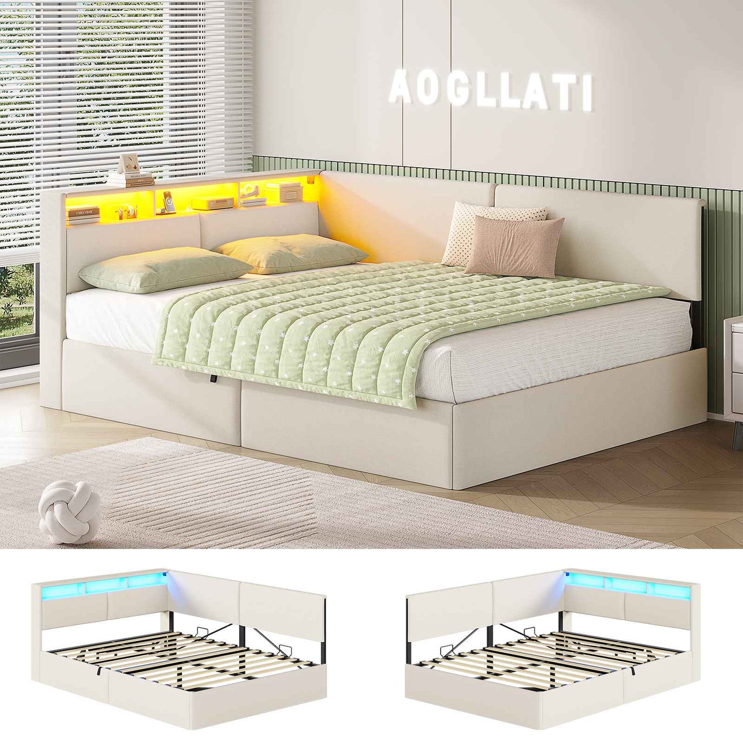 AOGLLATI  Double Ottoman Bed with Charging Station  LED Lights  Double Bed Frame with Hydraulic Lift Mechanism
