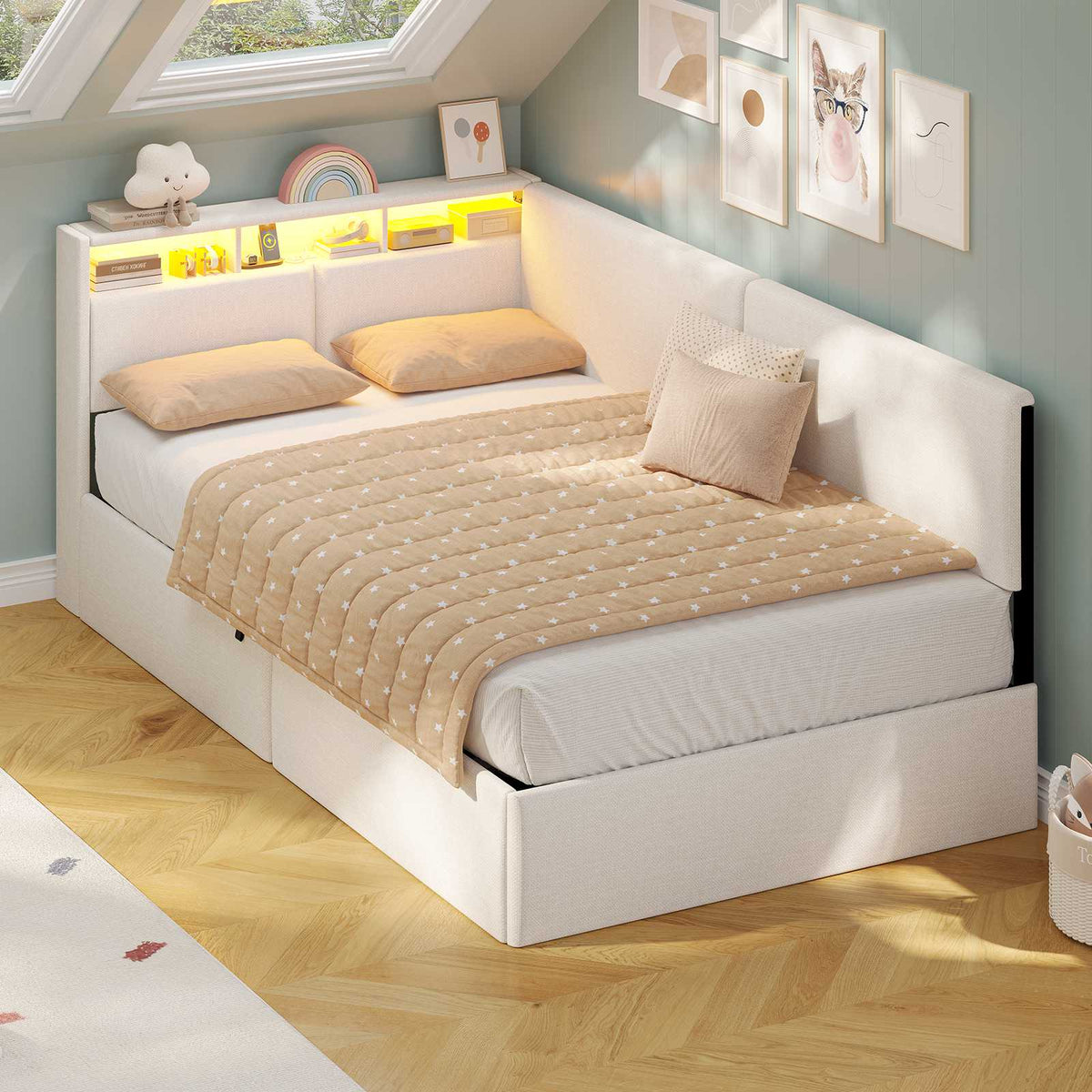 AOGLLATI  Bed Frame with Hydraulic Storage  Charging Station and LED Lights  Reversible Left/Right Hand Assembly
