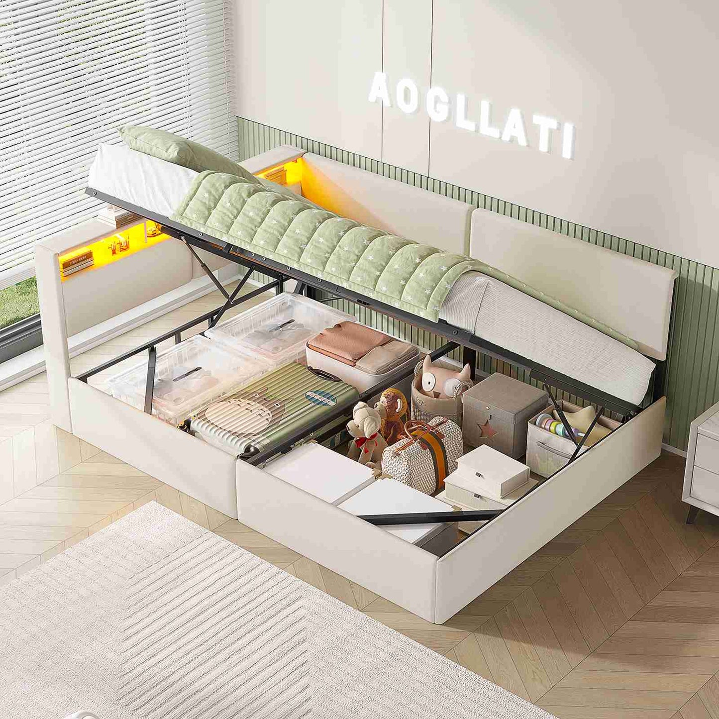 AOGLLATI  Double Ottoman Bed with Charging Station  LED Lights  Double Bed Frame with Hydraulic Lift Mechanism