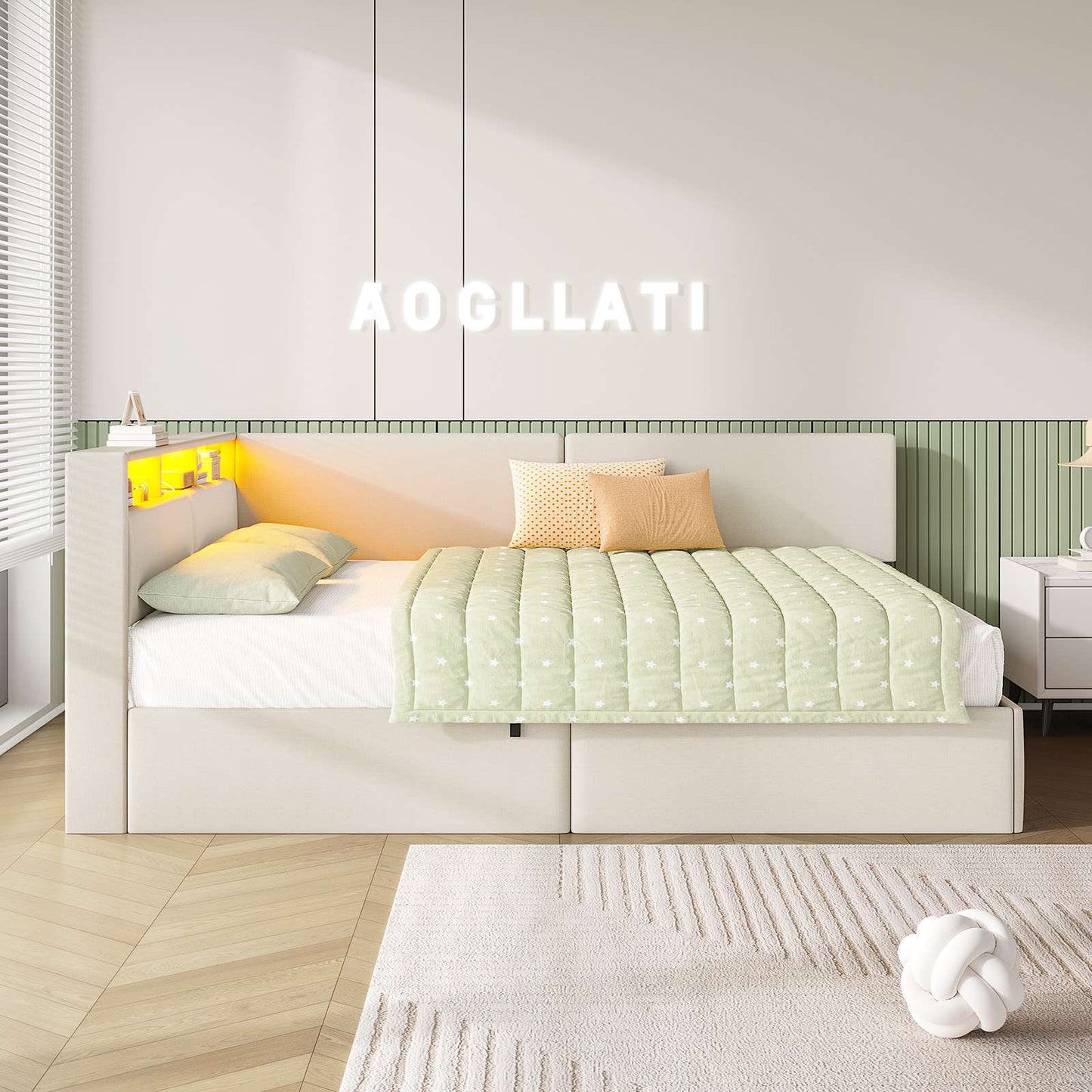 AOGLLATI  Double Ottoman Bed with Charging Station  LED Lights  Double Bed Frame with Hydraulic Lift Mechanism