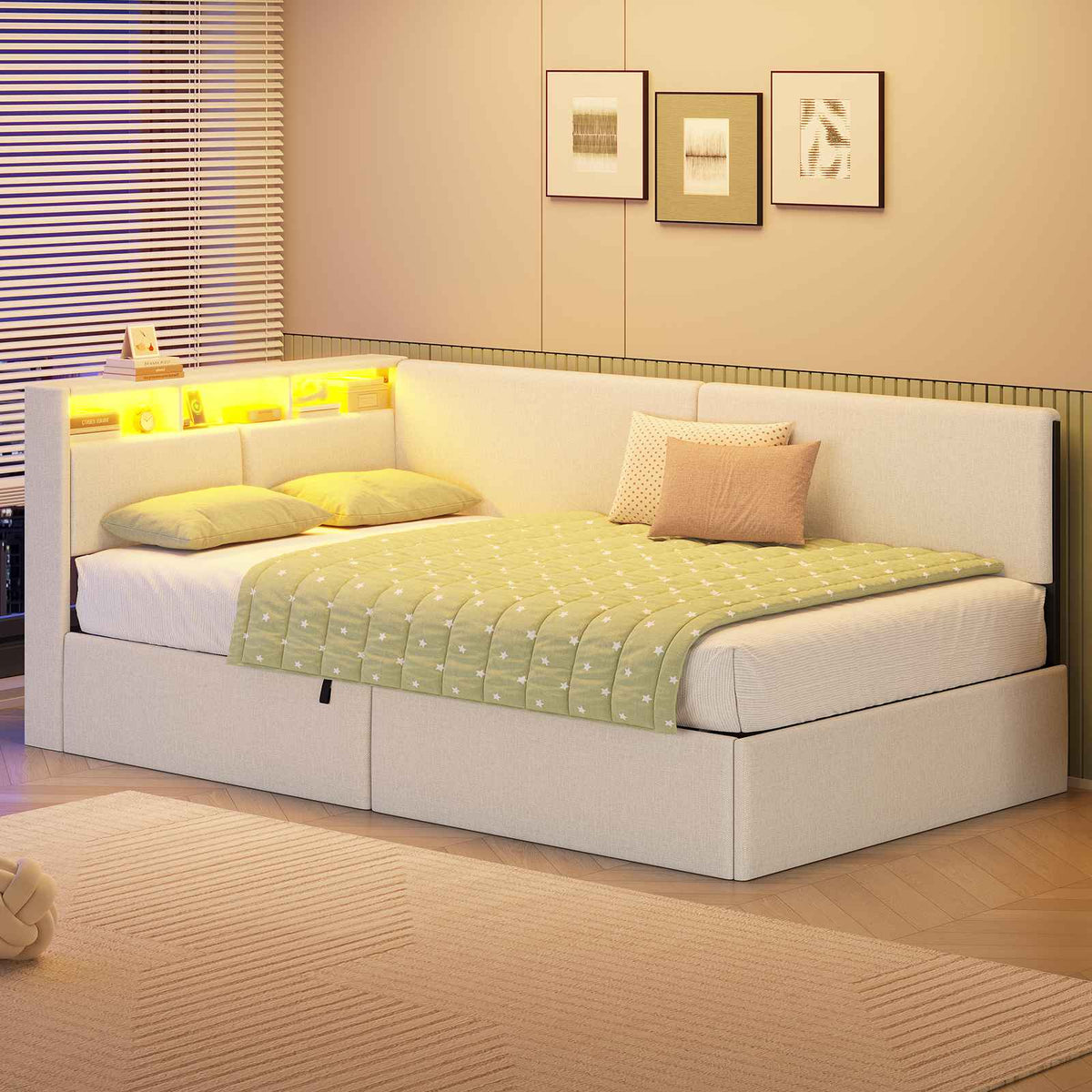 AOGLLATI  Bed Frame with Hydraulic Storage  Charging Station and LED Lights  Reversible Left/Right Hand Assembly