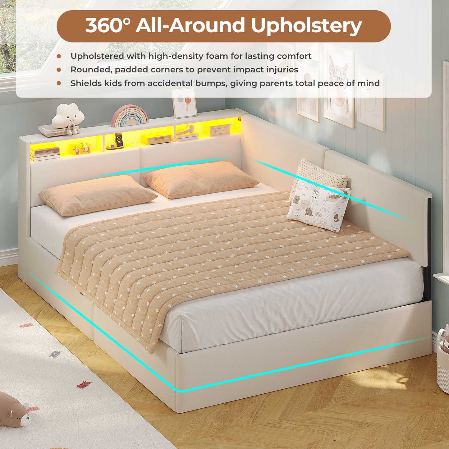 AOGLLATI  Double Ottoman Bed with Charging Station  LED Lights  Double Bed Frame with Hydraulic Lift Mechanism