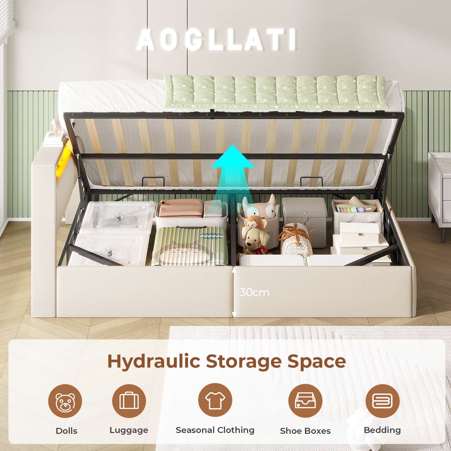 AOGLLATI  Double Ottoman Bed with Charging Station  LED Lights  Double Bed Frame with Hydraulic Lift Mechanism