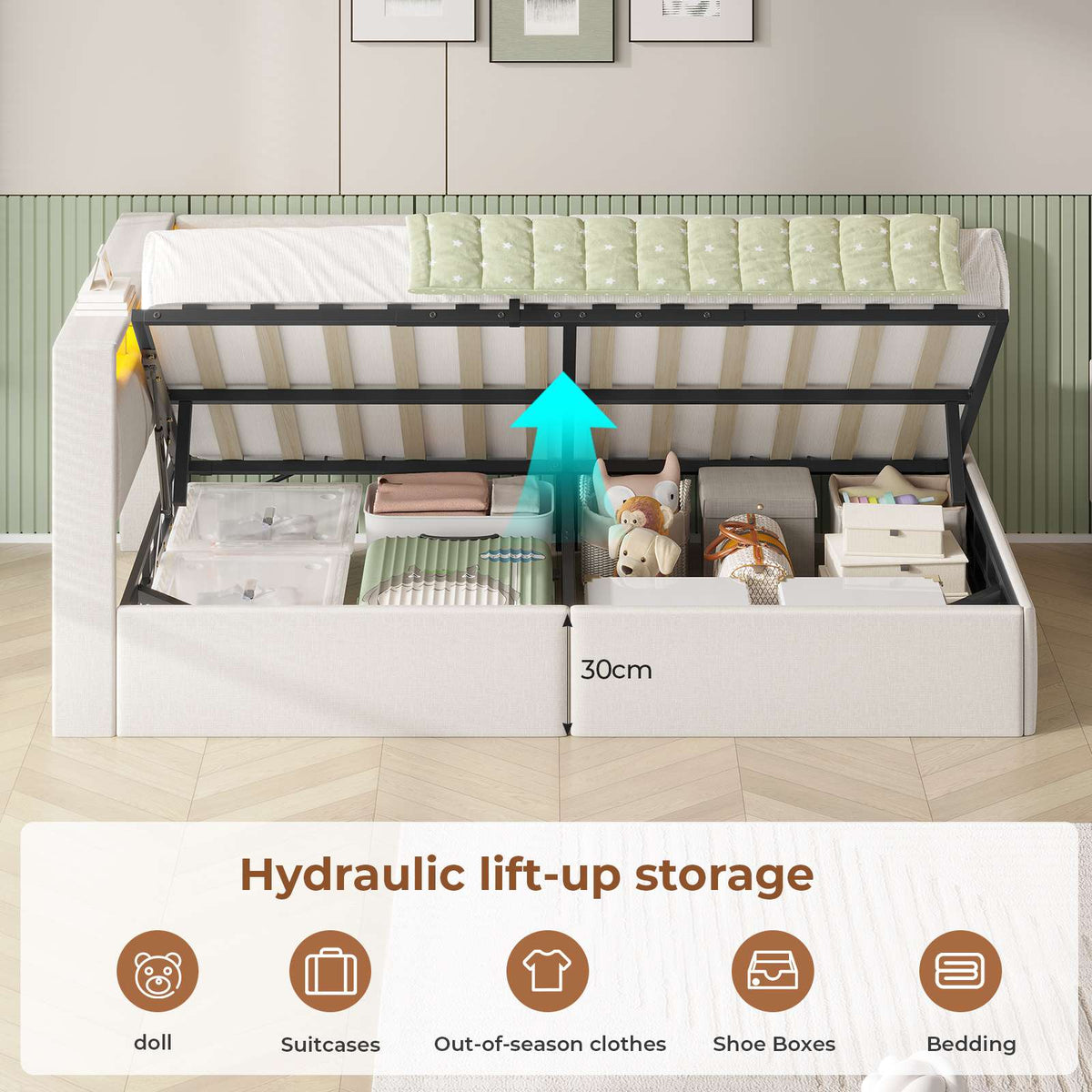 AOGLLATI  Bed Frame with Hydraulic Storage  Charging Station and LED Lights  Reversible Left/Right Hand Assembly