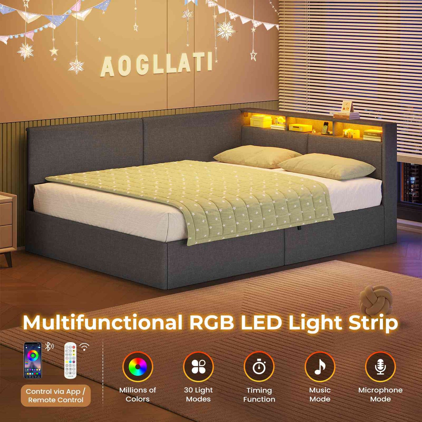 AOGLLATI  Double Ottoman Bed with Charging Station  LED Lights  Double Bed Frame with Hydraulic Lift Mechanism
