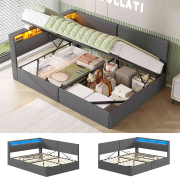 AOGLLATI  Double Ottoman Bed with Charging Station  LED Lights  Double Bed Frame with Hydraulic Lift Mechanism