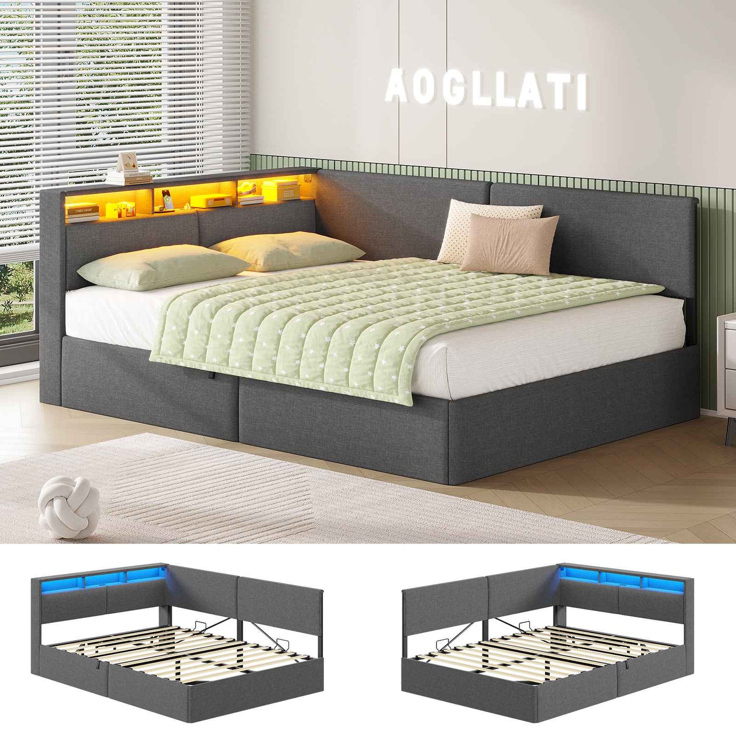 AOGLLATI  Double Ottoman Bed with Charging Station  LED Lights  Double Bed Frame with Hydraulic Lift Mechanism