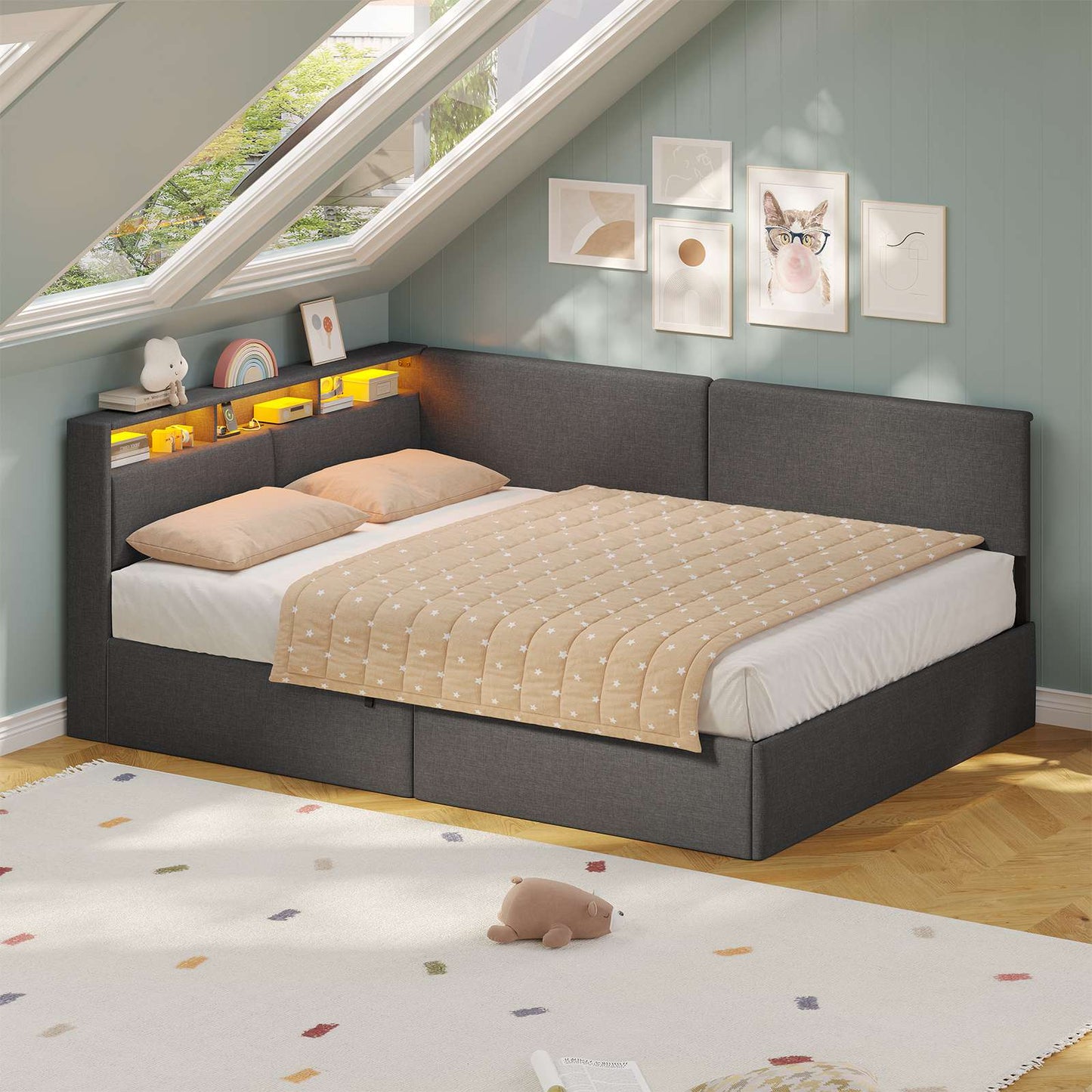 AOGLLATI  Double Ottoman Bed with Charging Station  LED Lights  Double Bed Frame with Hydraulic Lift Mechanism