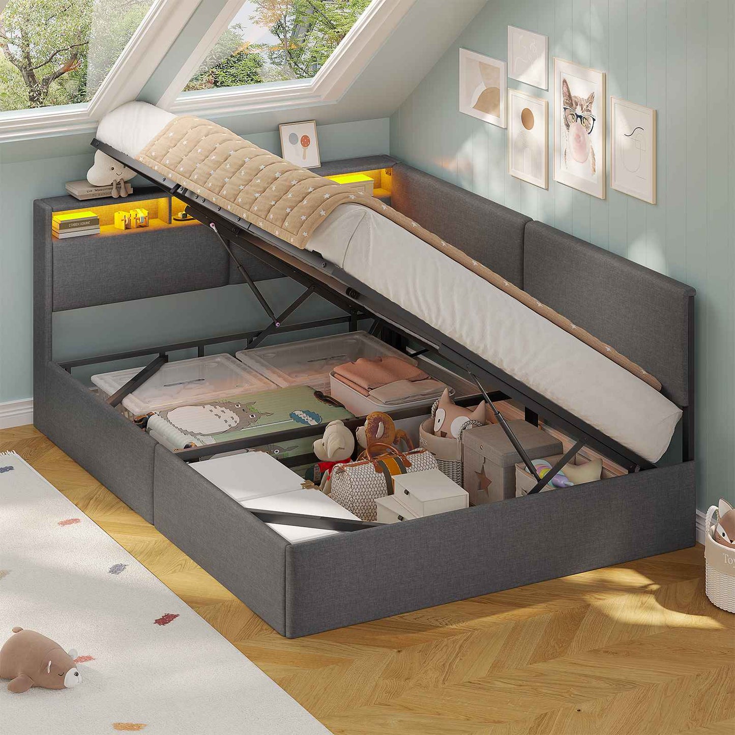 AOGLLATI  Double Ottoman Bed with Charging Station  LED Lights  Double Bed Frame with Hydraulic Lift Mechanism