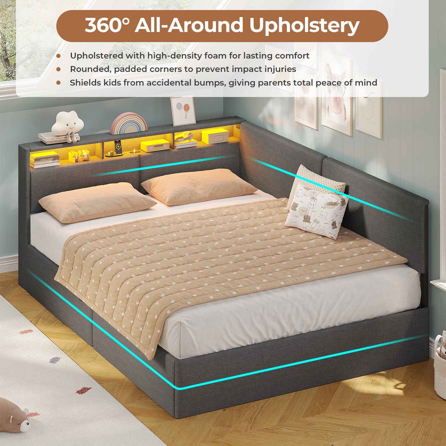 AOGLLATI  Double Ottoman Bed with Charging Station  LED Lights  Double Bed Frame with Hydraulic Lift Mechanism