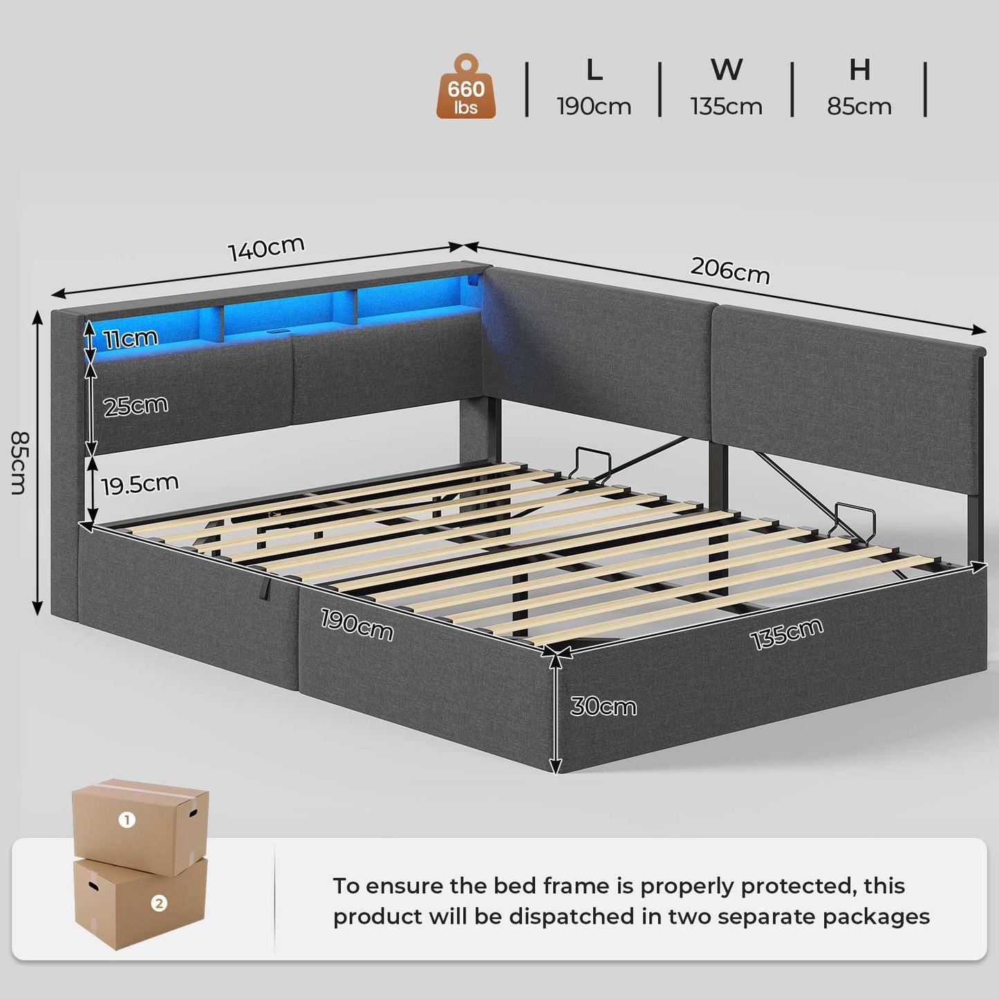 AOGLLATI  Double Ottoman Bed with Charging Station  LED Lights  Double Bed Frame with Hydraulic Lift Mechanism