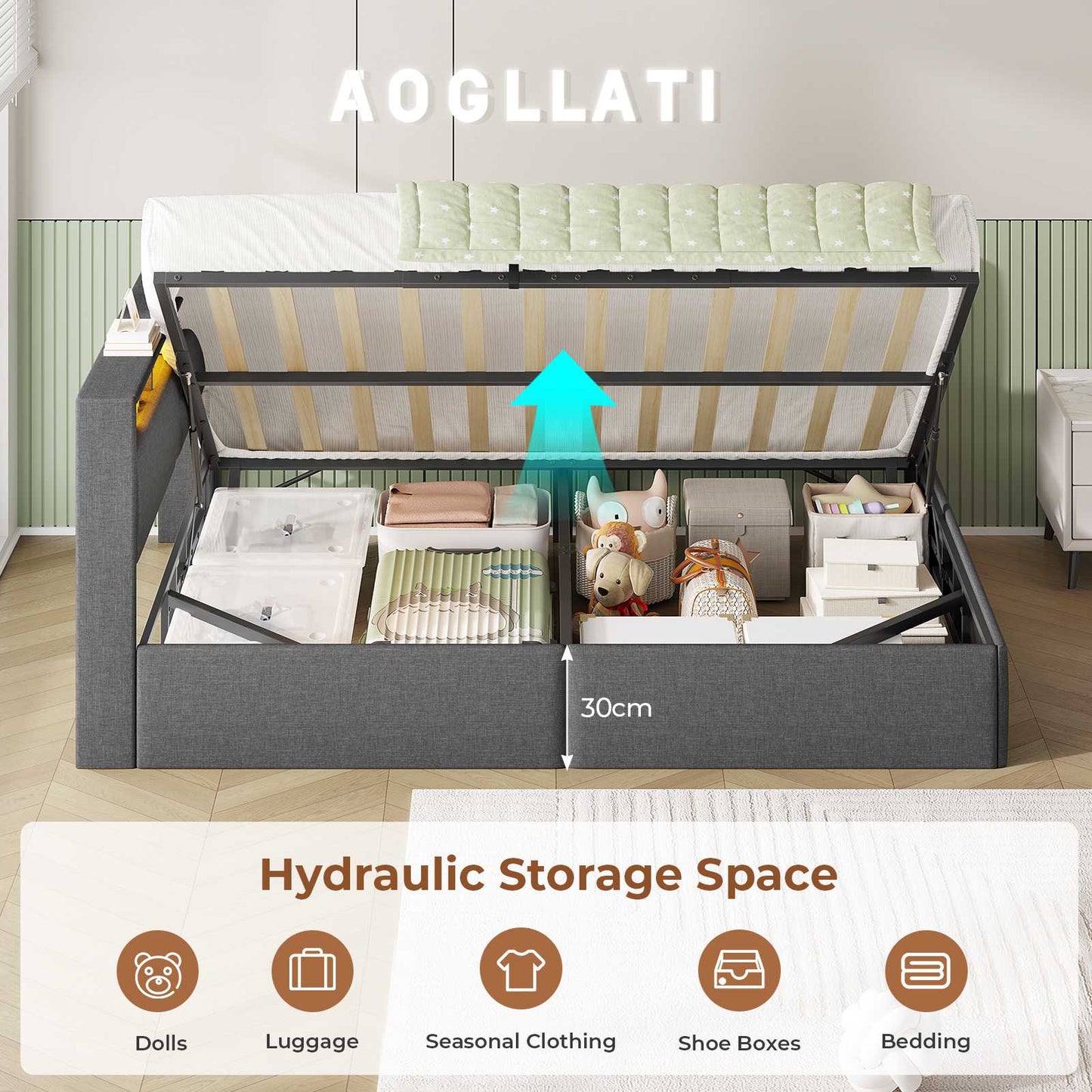 AOGLLATI  Double Ottoman Bed with Charging Station  LED Lights  Double Bed Frame with Hydraulic Lift Mechanism