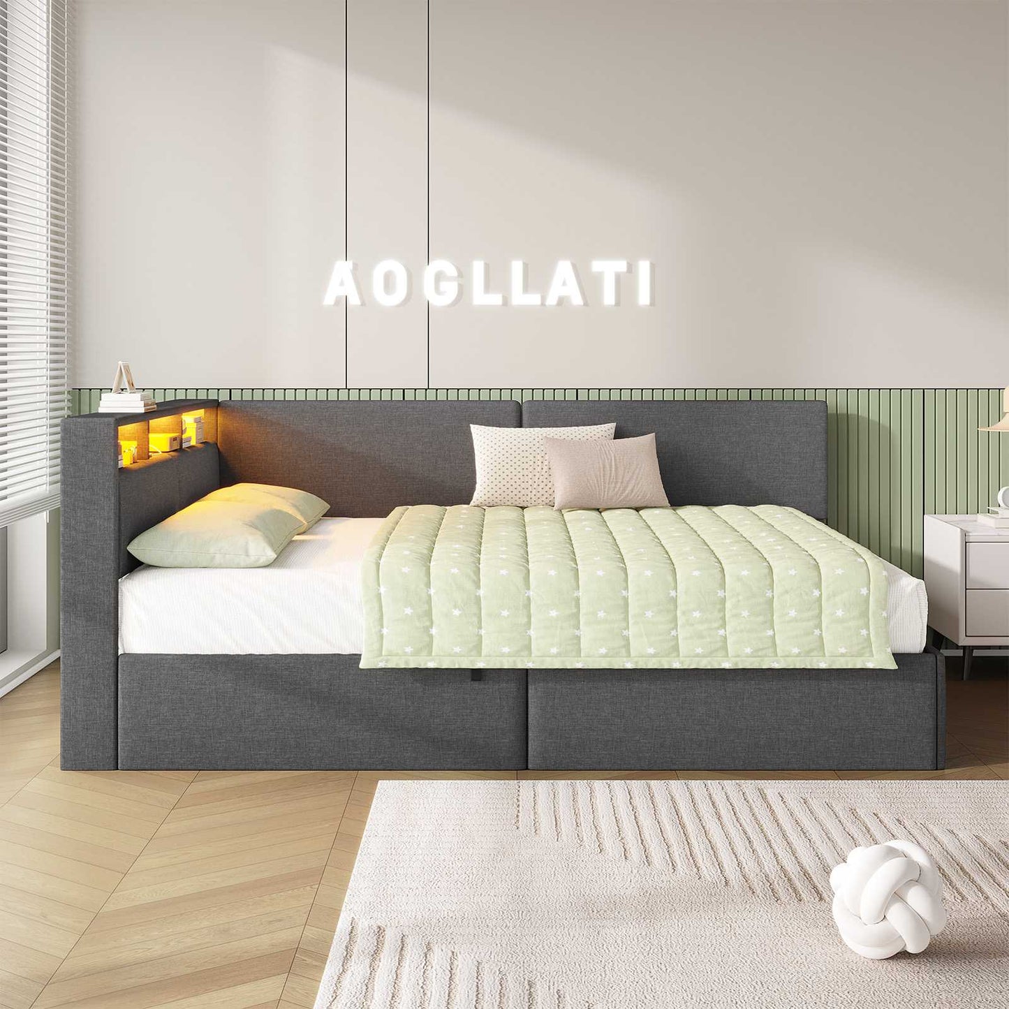 AOGLLATI  Double Ottoman Bed with Charging Station  LED Lights  Double Bed Frame with Hydraulic Lift Mechanism