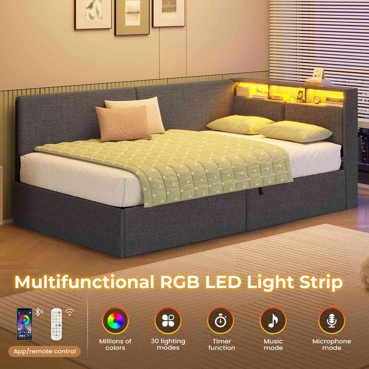 AOGLLATI  Bed Frame with Hydraulic Storage  Charging Station and LED Lights  Reversible Left/Right Hand Assembly