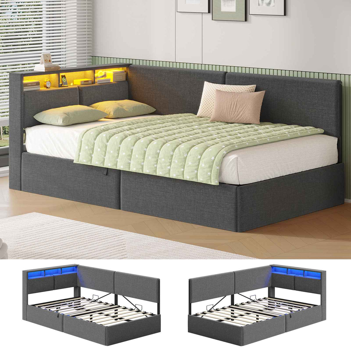 AOGLLATI  Bed Frame with Hydraulic Storage  Charging Station and LED Lights  Reversible Left/Right Hand Assembly