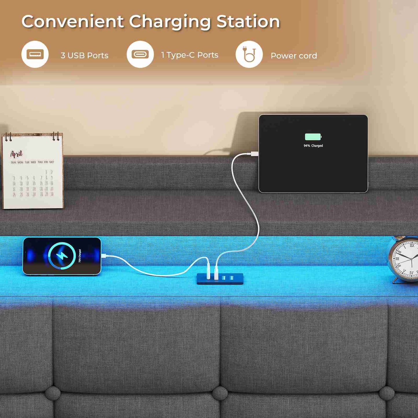 AOGLLATI 4ft6 Floating Double Bed Frame 135×190CM with LED Lights  Charging Station with Upholstered Headboard