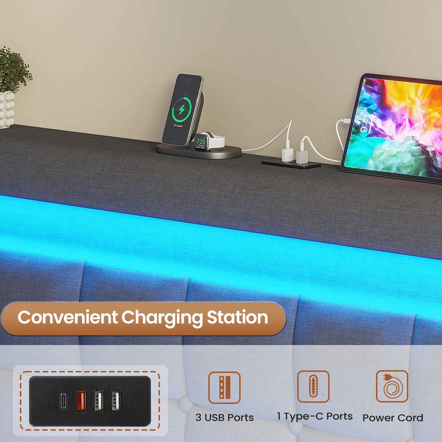 AOGLLATI 5ft King Ottoman Bed Frame 150×200 cm with Charging Station and LED Lights Upholstered Platform Bed frame