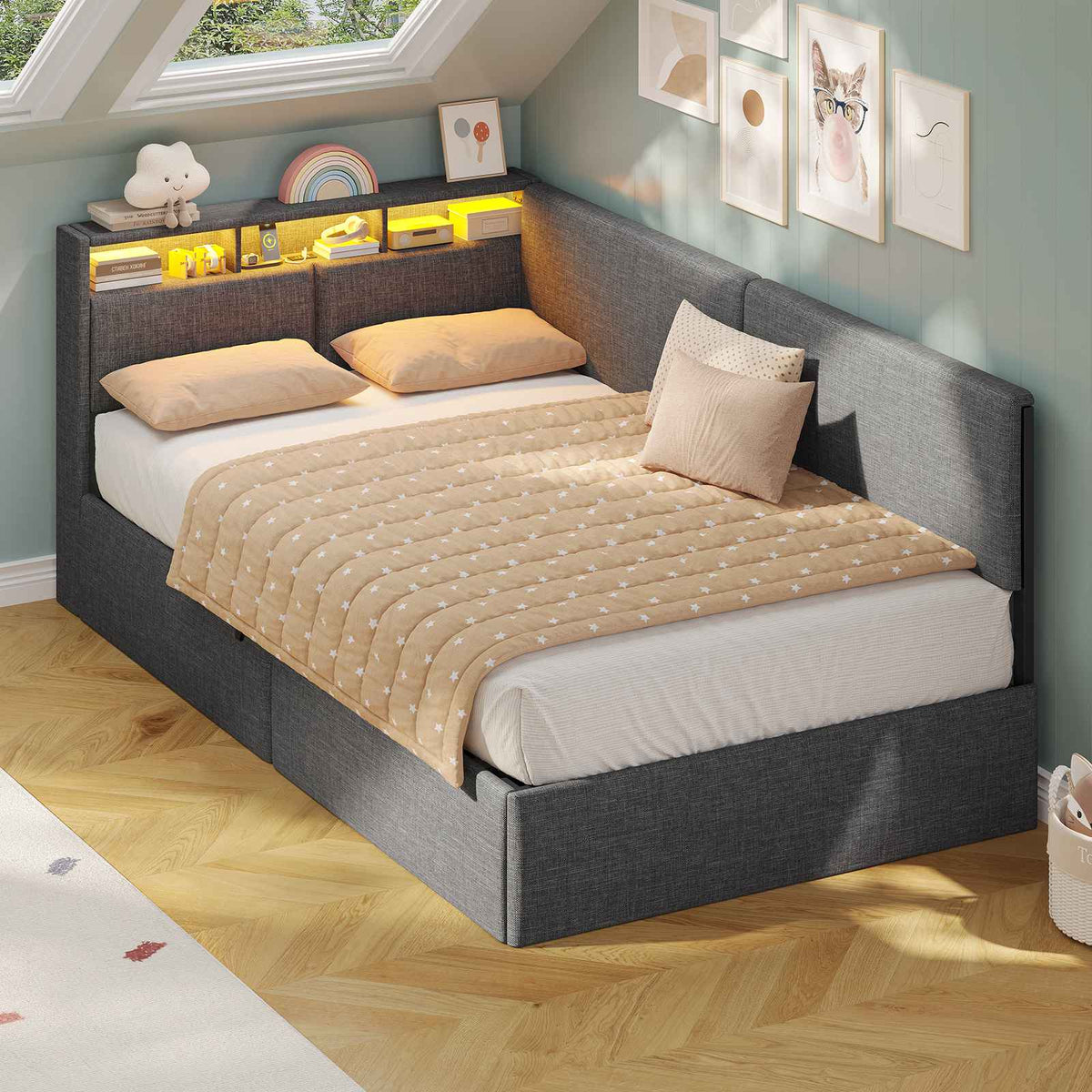 AOGLLATI  Bed Frame with Hydraulic Storage  Charging Station and LED Lights  Reversible Left/Right Hand Assembly