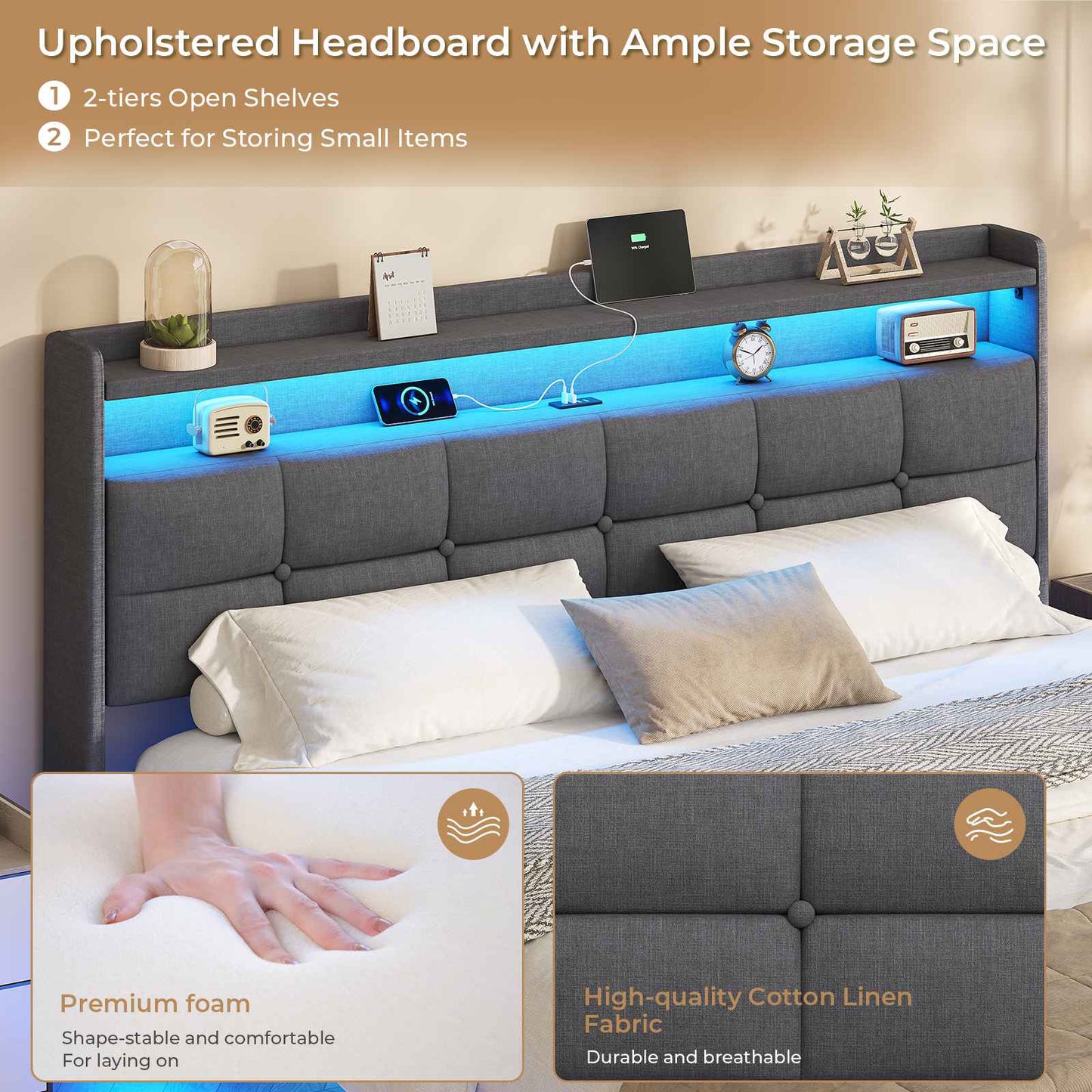 AOGLLATI 4ft6 Floating Double Bed Frame 135×190CM with LED Lights  Charging Station with Upholstered Headboard