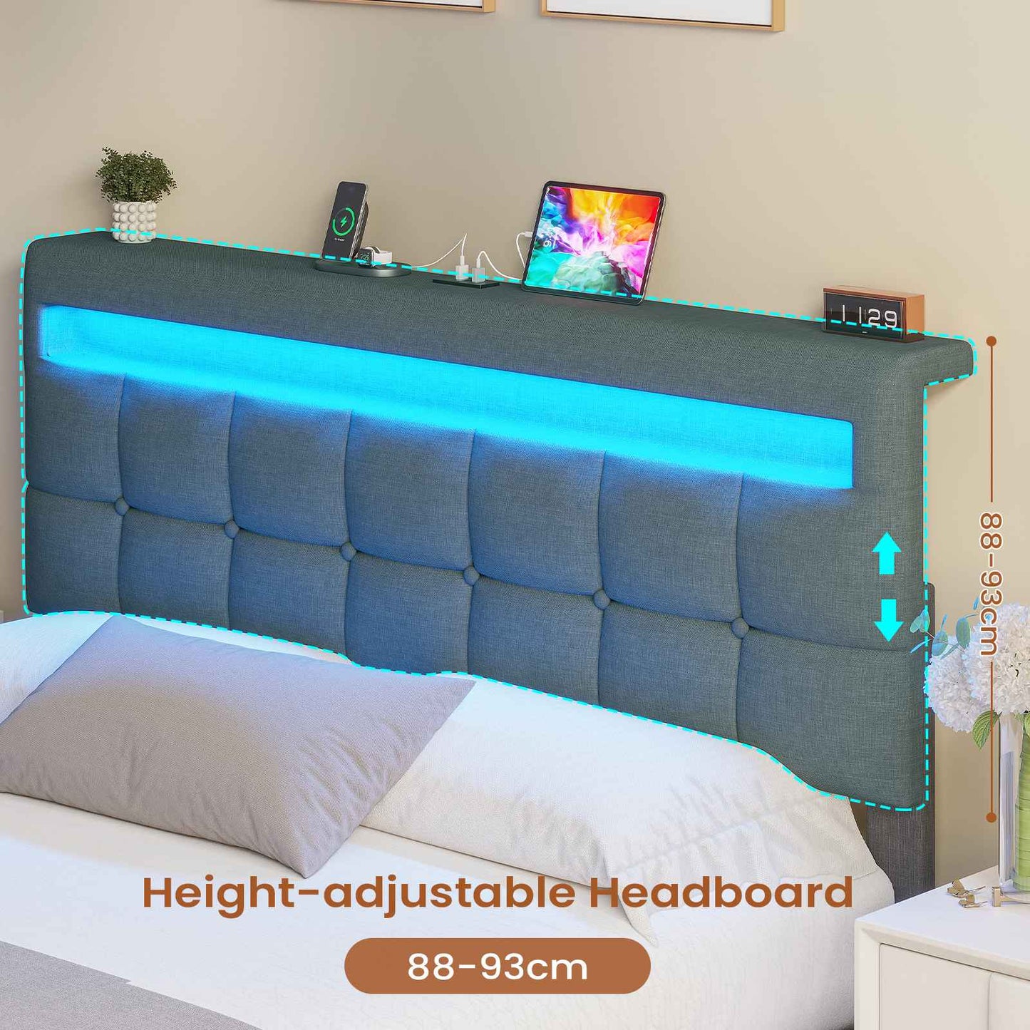 AOGLLATI 5ft King Ottoman Bed Frame 150×200 cm with Charging Station and LED Lights Upholstered Platform Bed frame