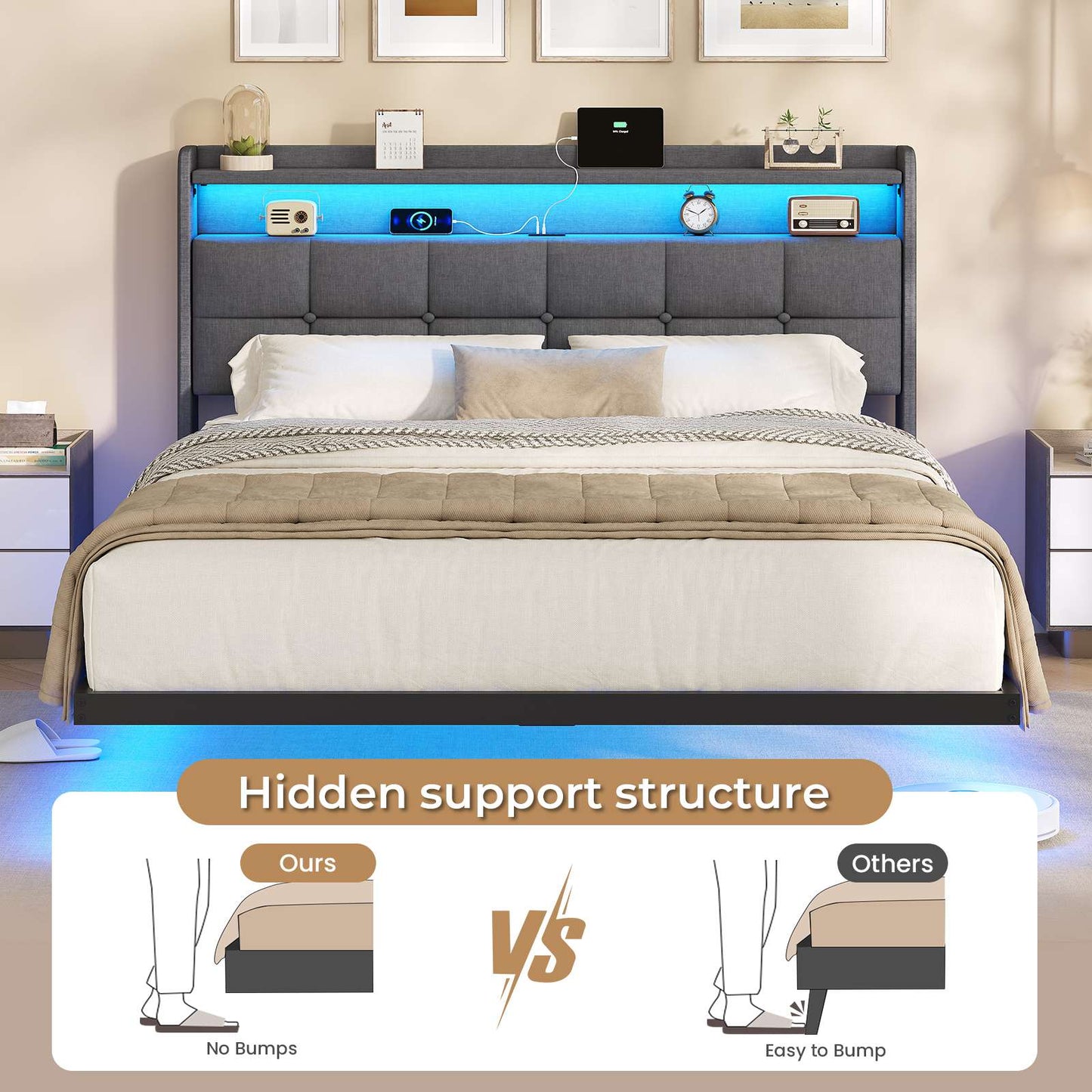 AOGLLATI 4ft6 Floating Double Bed Frame 135×190CM with LED Lights  Charging Station with Upholstered Headboard