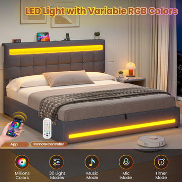 AOGLLATI 5ft King Ottoman Bed Frame 150×200 cm with Charging Station and LED Lights Upholstered Platform Bed frame