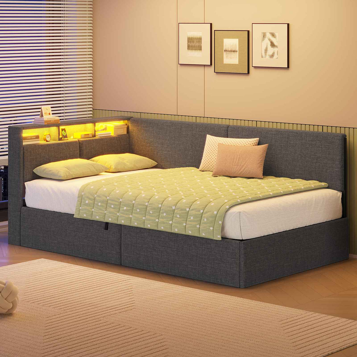 AOGLLATI  Bed Frame with Hydraulic Storage  Charging Station and LED Lights  Reversible Left/Right Hand Assembly