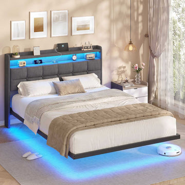AOGLLATI 4ft6 Floating Double Bed Frame 135×190CM with LED Lights  Charging Station with Upholstered Headboard