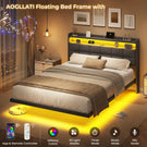 AOGLLATI 4ft6 Floating Double Bed Frame 135×190CM with LED Lights  Charging Station with Upholstered Headboard
