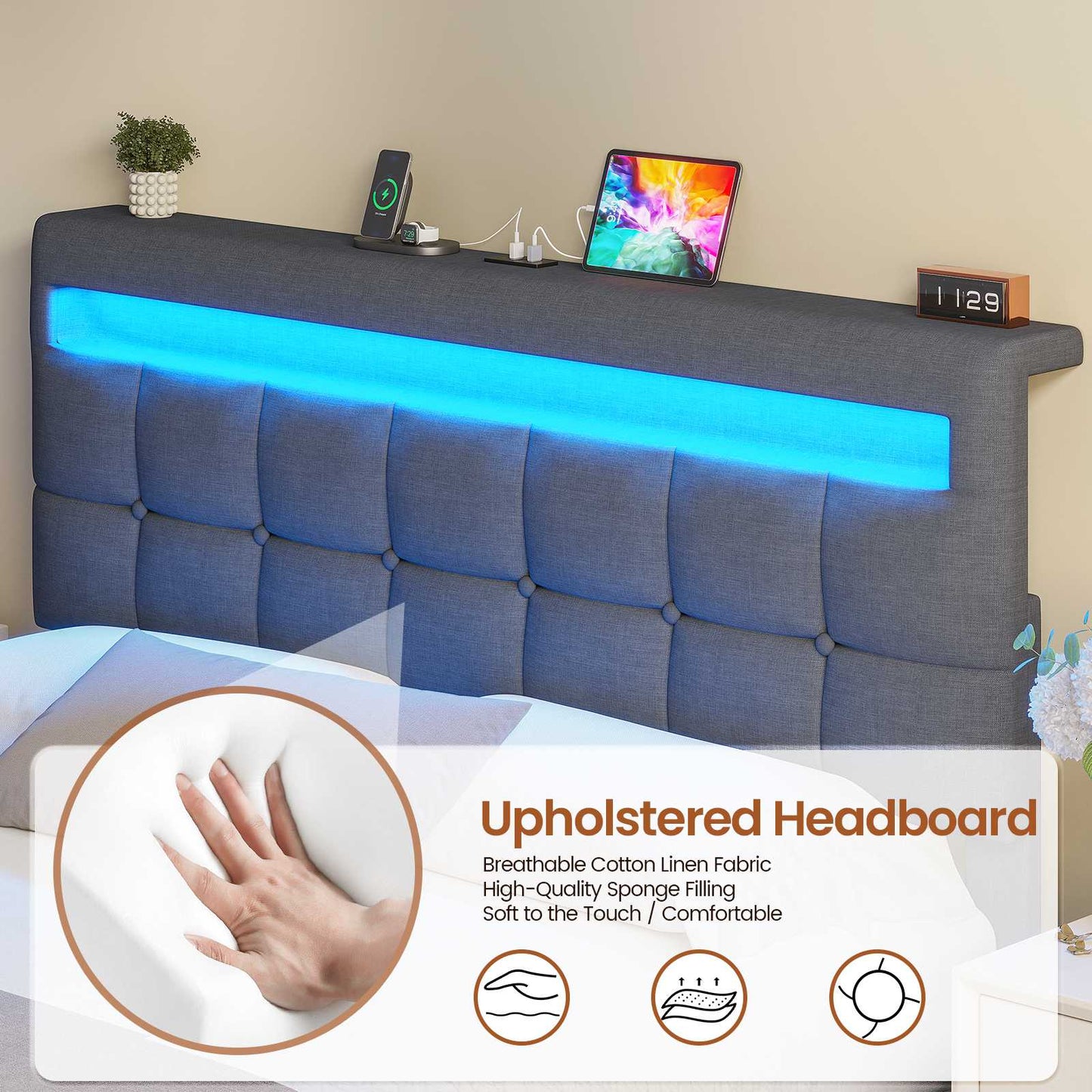 AOGLLATI Double Ottoman Bed Frame 135×190 cm with Charging Station  LED Lights with Under-bed Storage and Storage Headboard