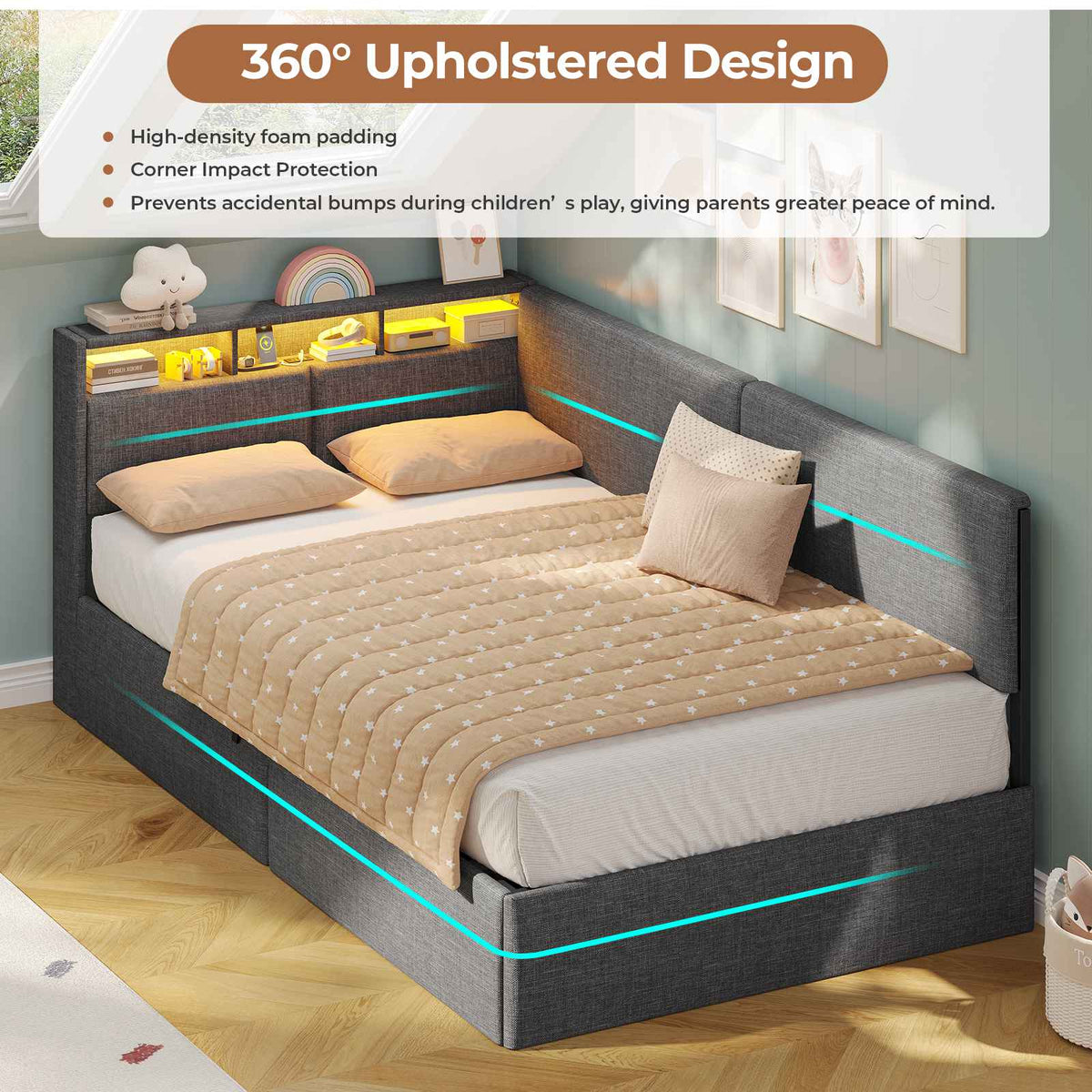 AOGLLATI  Bed Frame with Hydraulic Storage  Charging Station and LED Lights  Reversible Left/Right Hand Assembly