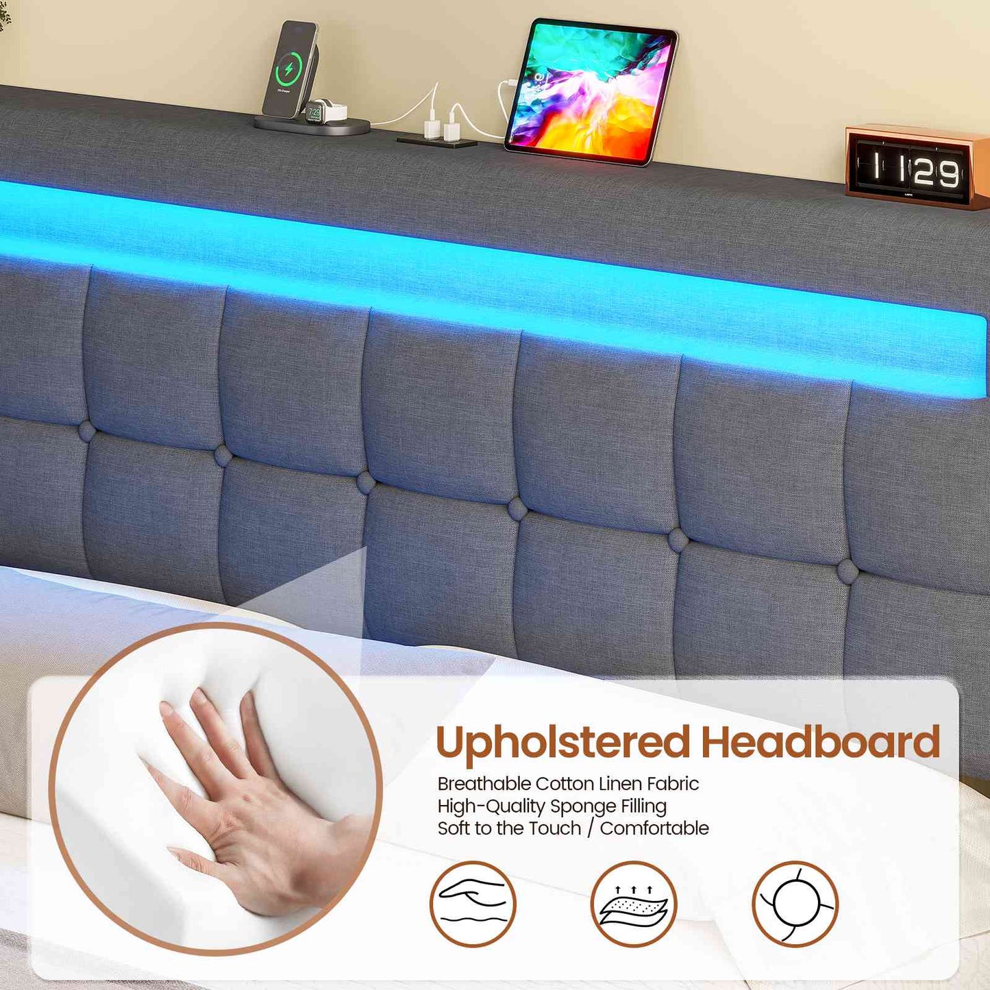 AOGLLATI 5ft King Ottoman Bed Frame 150×200 cm with Charging Station and LED Lights Upholstered Platform Bed frame
